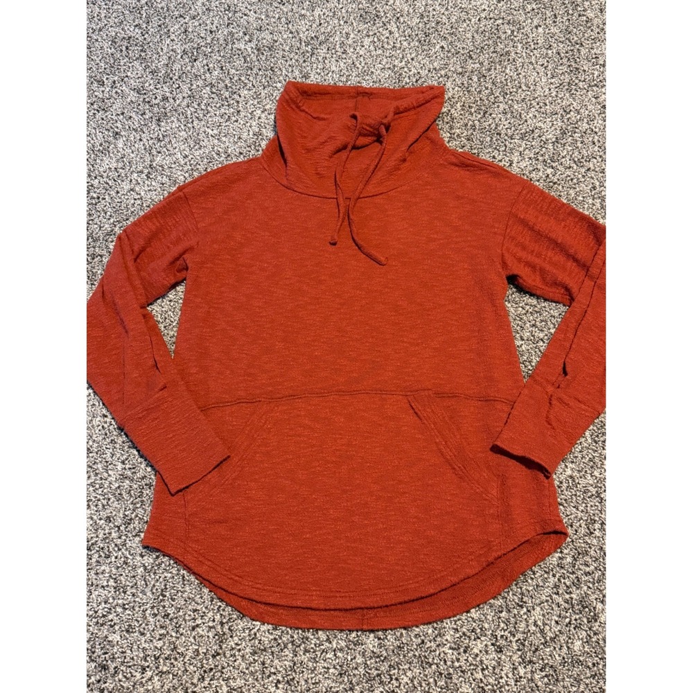 Prana Womens XS Rust Orange Funnel Neck Pullover Slub Knit Kangaroo Pocket Top